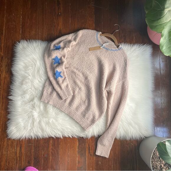 Teddy Bear Sweater Tan & Cobalt Blue Stars Super Soft NWT - Picture 5 of 7